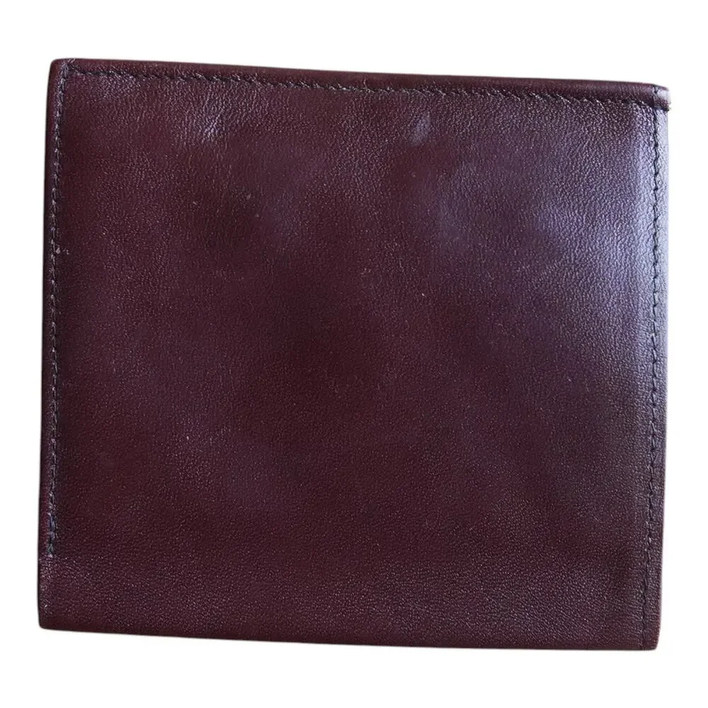 Vintage Burgundy Leather Wallet Brass Corner Guards Coin Purse ID Window